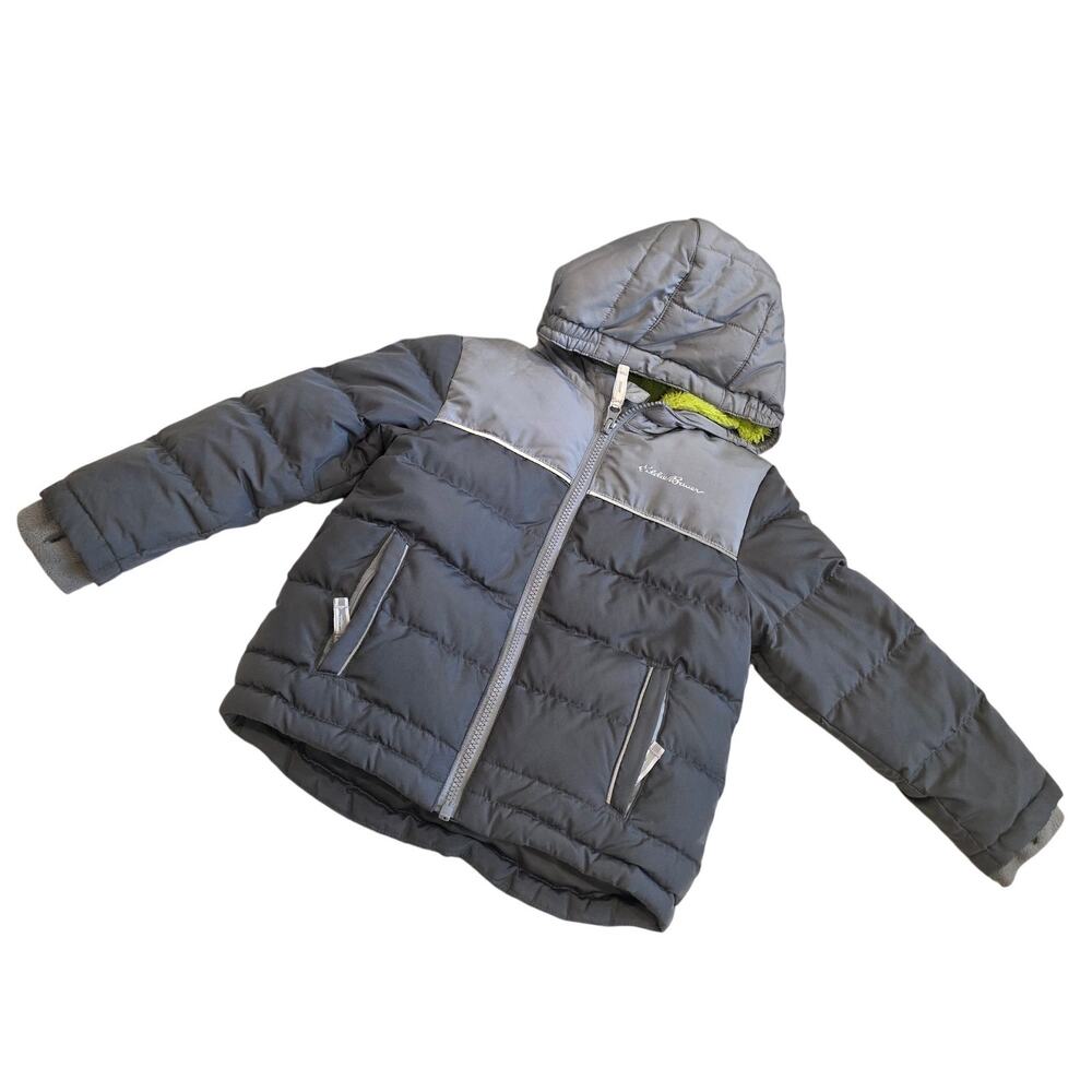 Eddie Buaer gray puffer jacket w/down fill and lime green fleece lining sz 3T